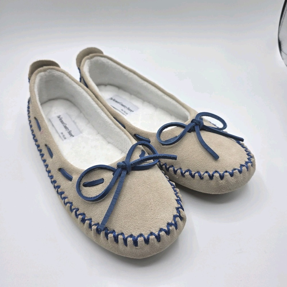 Vermont Country Store Womens Suede Moccasin Slippers Tan Blue Stitch Size 8‎